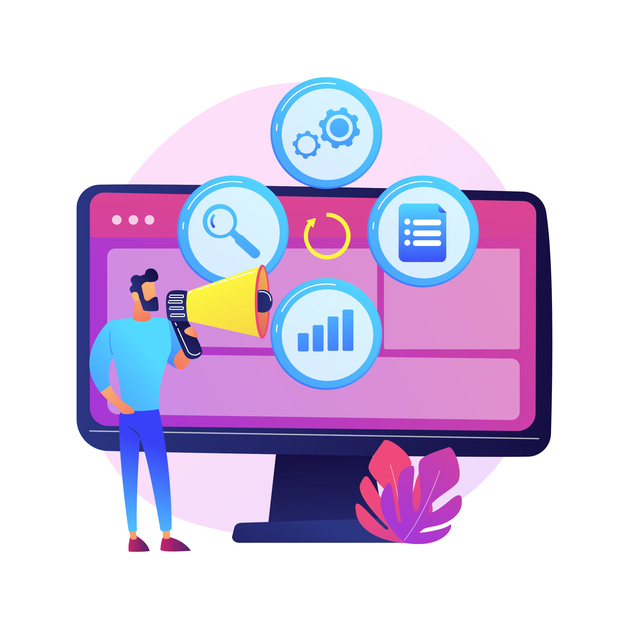 Creative idea flat icon. Innovative internet project, advertising business, online promotion. Woman with loudspeaker cartoon character. Vector isolated concept metaphor illustration